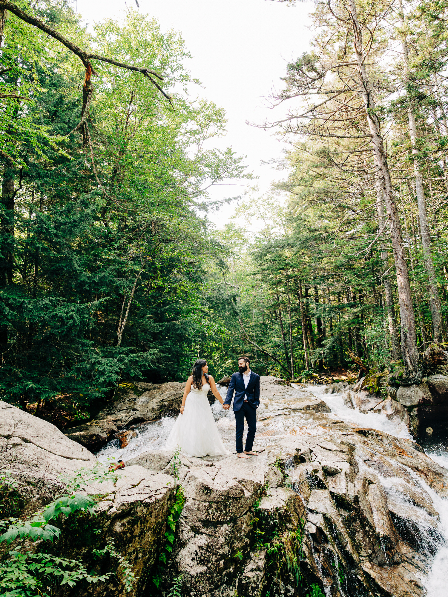 A wide shot of the couple holding hands on a rocky ledge with cascading water and tall trees in the background, creating a serene and majestic forest scene.