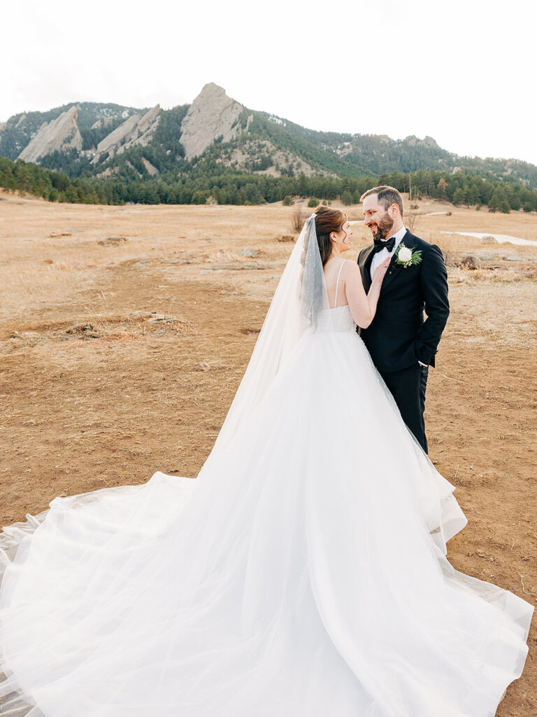 A bride in a flowing white gown and veil stands with a groom in a black suit and bow tie, gazing at each other outdoors in front of rocky mountains and dry grassland.