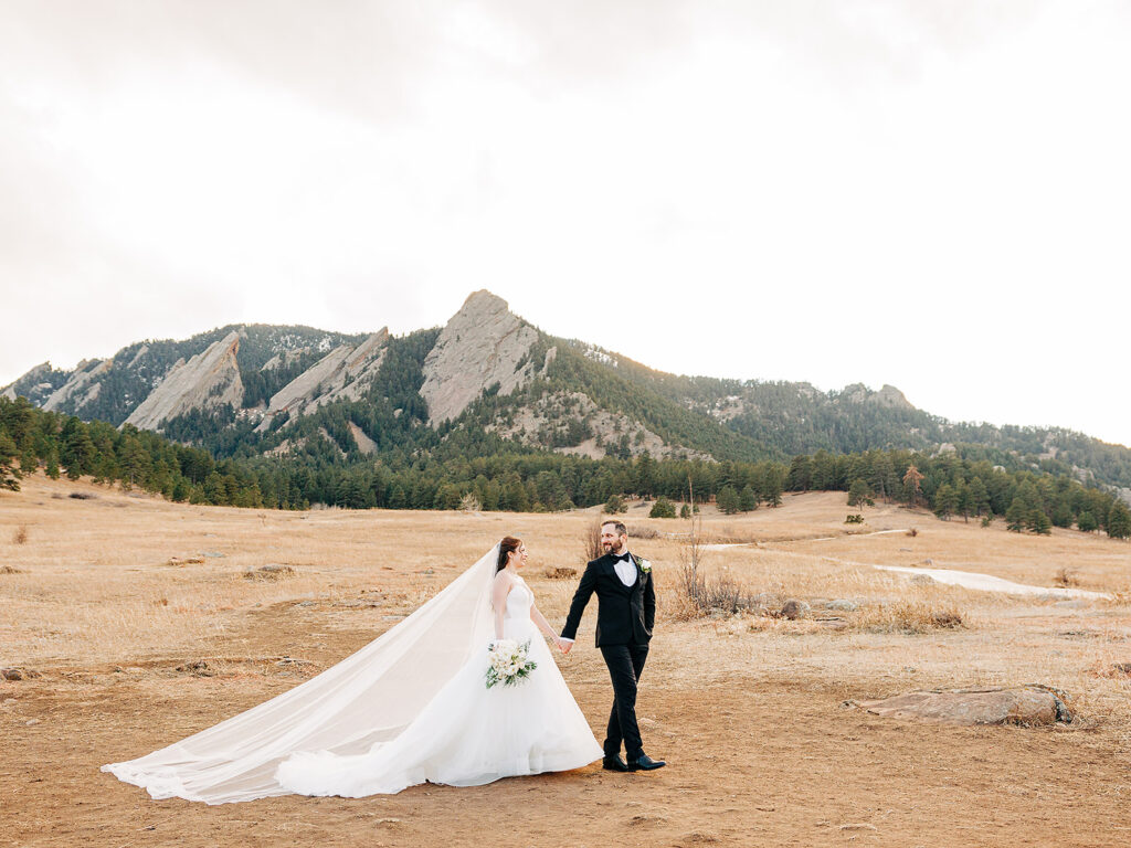 A bride and groom stand hand in hand outdoors, with the bride’s long veil trailing behind her. They are in front of a rugged mountain range under a bright, open sky in a wide, dry field.