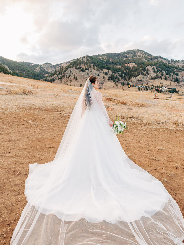 A bride in a white gown and long veil stands on a dirt path in a dry, open field, holding a bouquet and facing distant, tree-covered mountains under a partly cloudy sky.