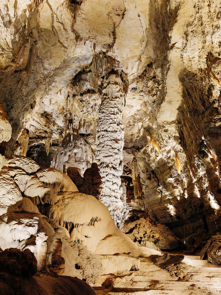 A large underground cave, reminiscent of the Natural Bridge Caverns, filled with dramatic rock formations and a tall, central column of stalactites and stalagmites—an enchanting site brilliantly illuminated, perfect for a memorable proposal.