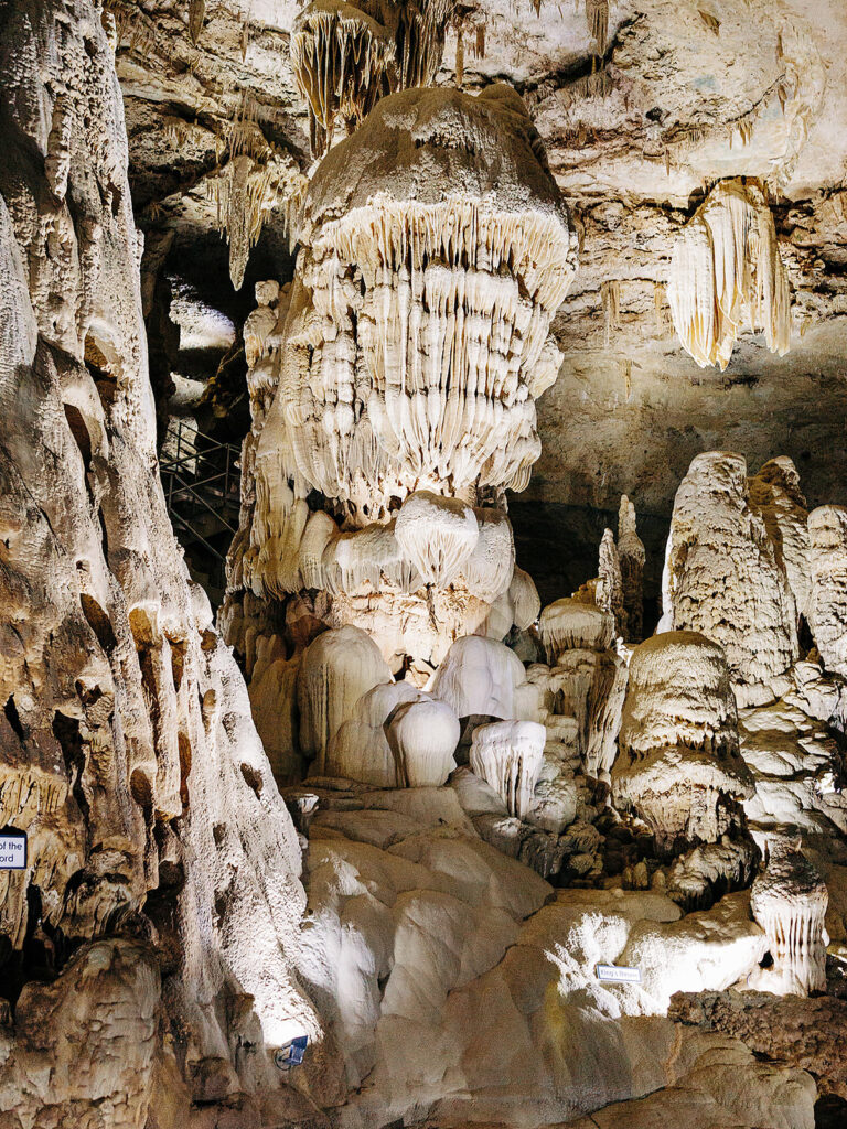 A large, illuminated limestone column with intricate stalactites and stalagmites inside Natural Bridge Caverns—an enchanting setting featuring layered, draped formations on rocky walls and ceiling, perfect for an unforgettable proposal.